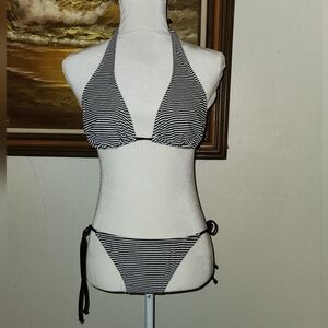 Vintage Beach Stop 1980s 1990s Striped Tri Top & Side Tie Bottom Bikini Set